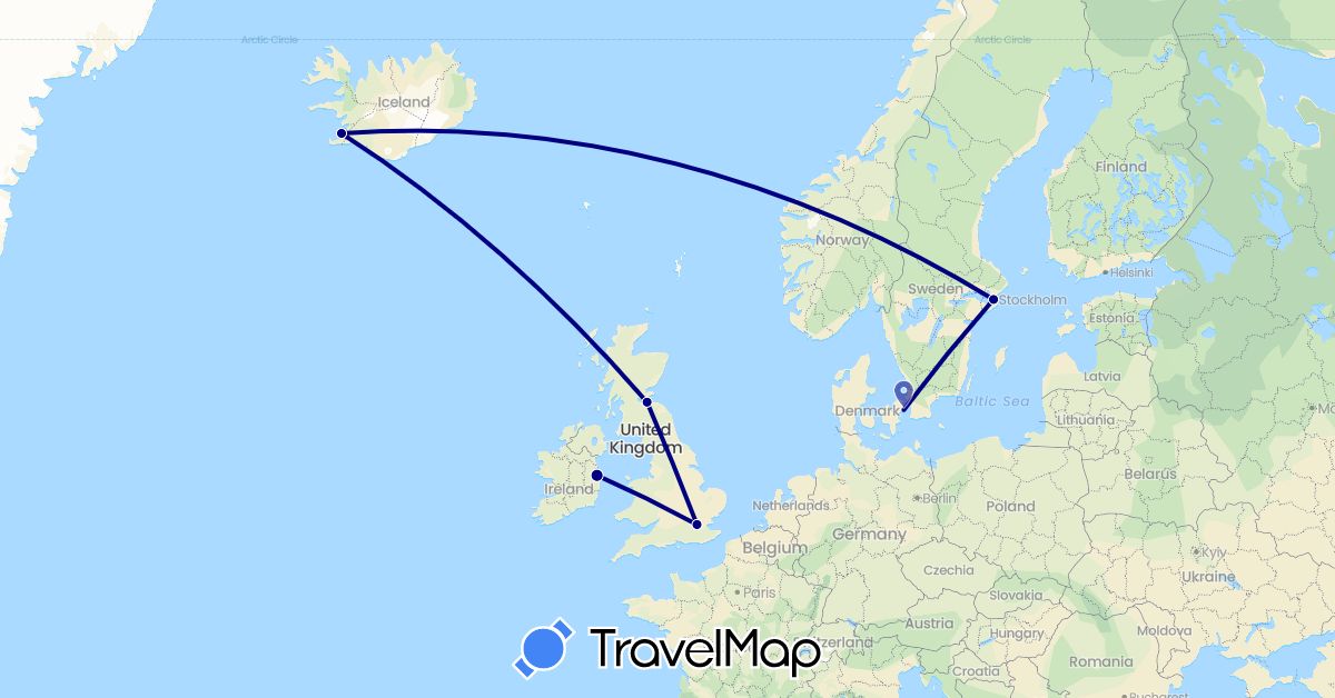 TravelMap itinerary: driving in Denmark, United Kingdom, Ireland, Iceland, Sweden (Europe)