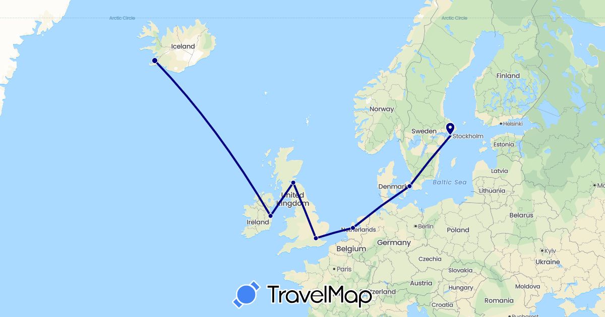 TravelMap itinerary: driving in Denmark, United Kingdom, Ireland, Iceland, Netherlands, Sweden (Europe)